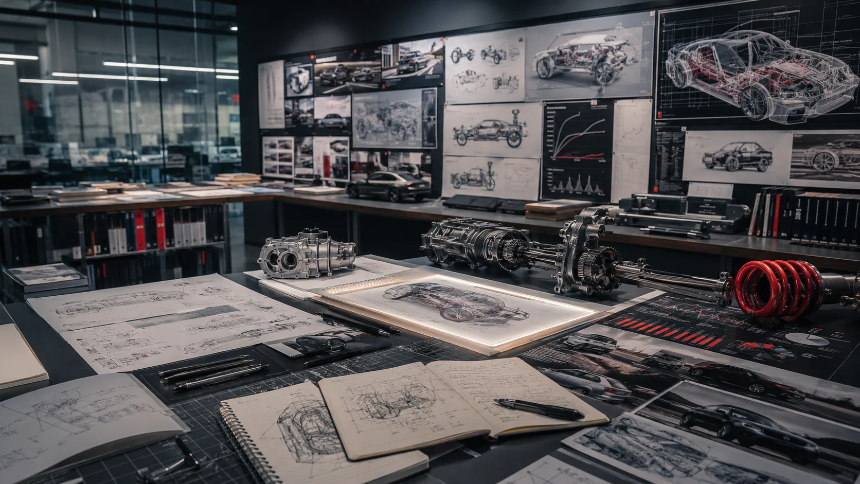 Automotive research archive with vehicles, engineering diagrams, mechanical components, notebooks, and analytical materials