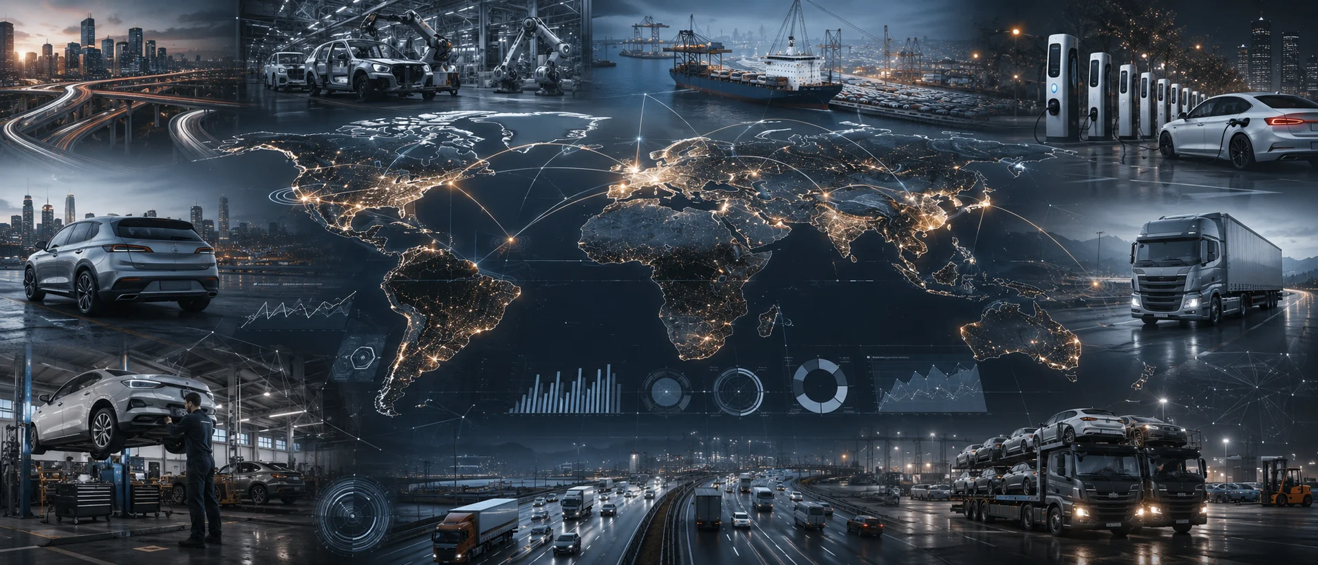 Global automotive analysis connecting factories, ports, vehicles, roads, charging infrastructure, workshops, and markets