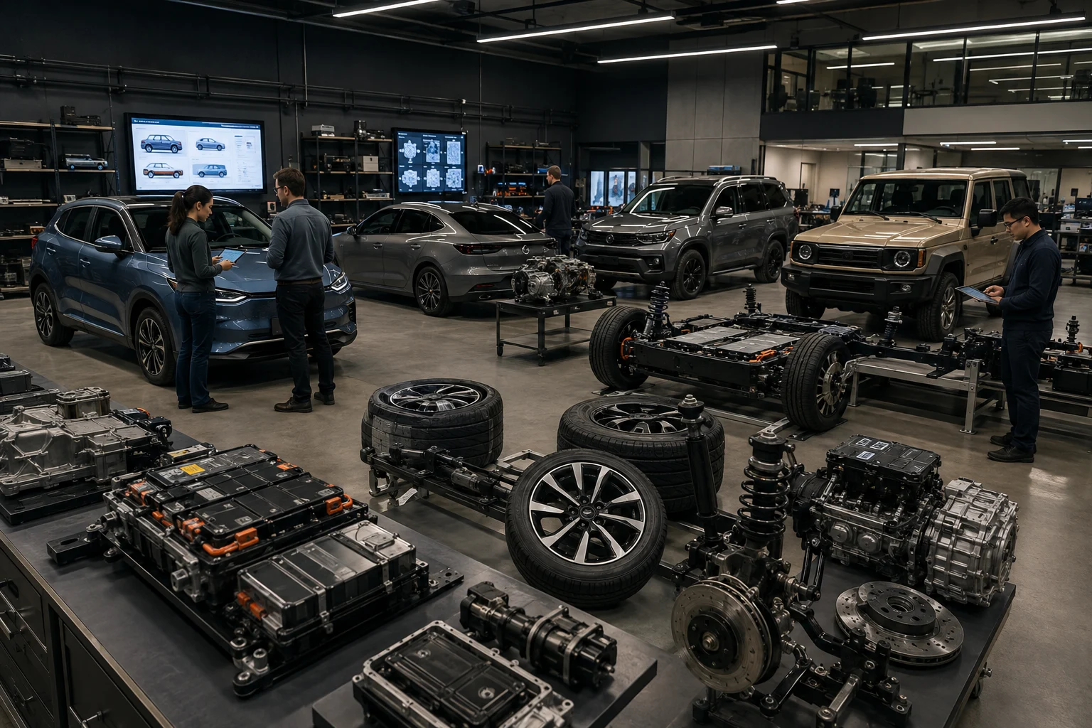 Automotive laboratory with generic vehicles, measurement equipment, chassis components, brakes, batteries, and diagnostic equipment